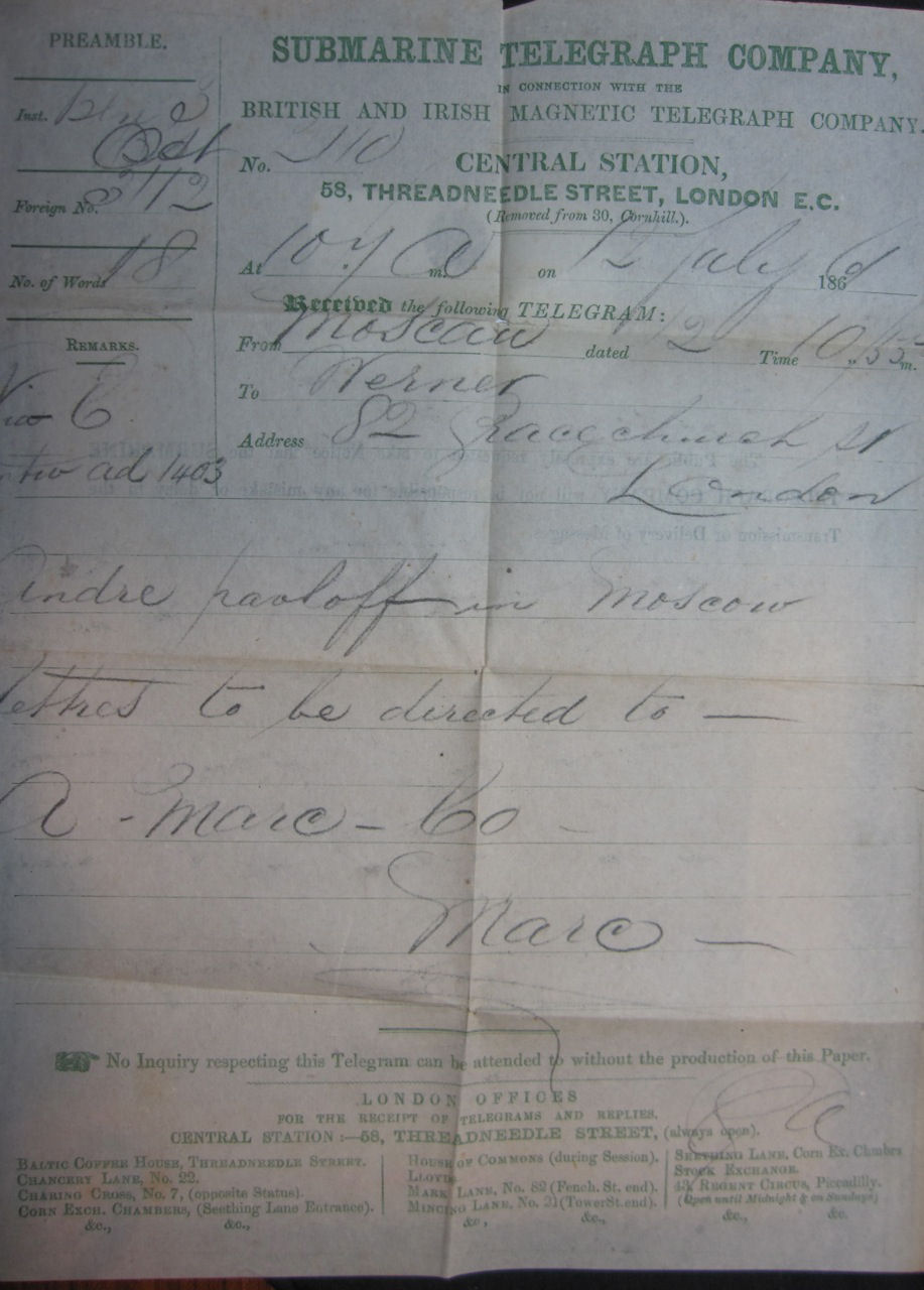 Submarine Telegraph Co. 1861 form - front