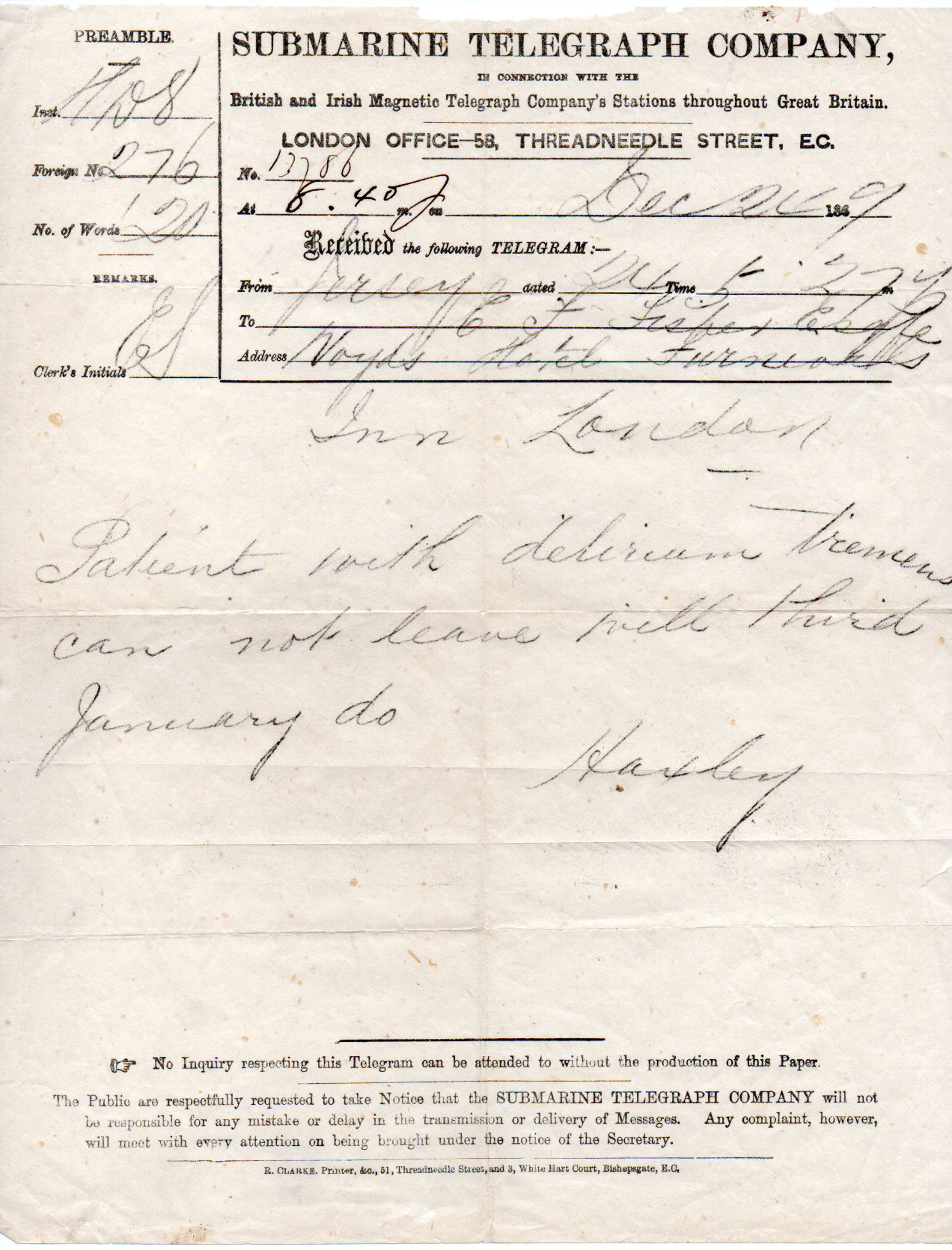 Submarine Telegraph Co. 1869 form - front