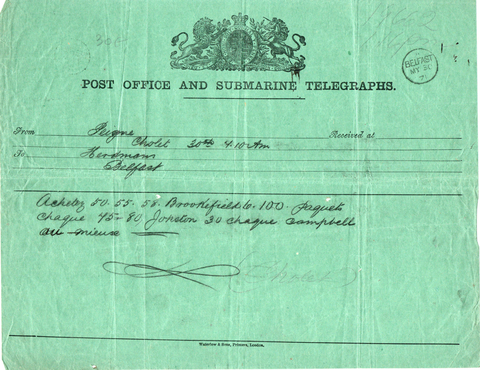 PO & Submarine Telegraph Co. 1871 Dublin form
