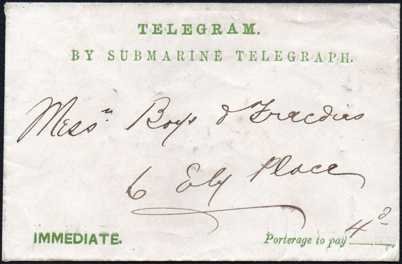 Submarine Telegraph Co. delivery envelope circa 1865? - front
