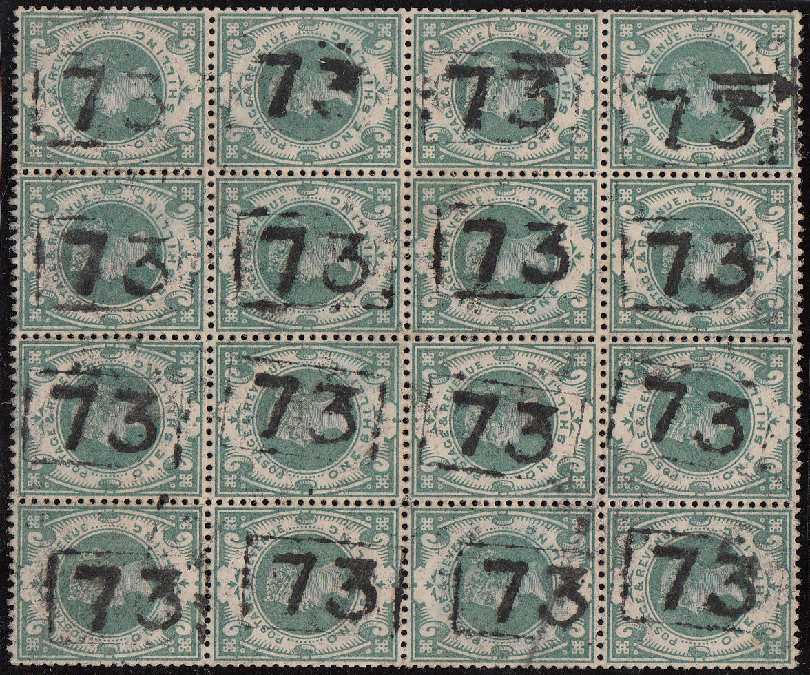 Scottish Railway Telegraph cancel 73 on 16 x 1/- stamps
