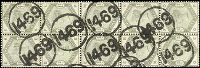Railway Telegraph cancel 1469 on 10 x 1s stamps