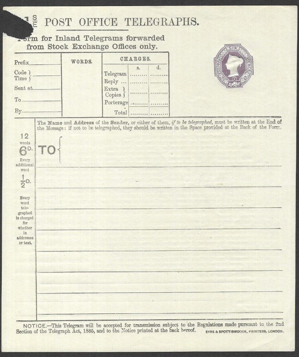 6d A1S/E Post Office Telegraph Form - front