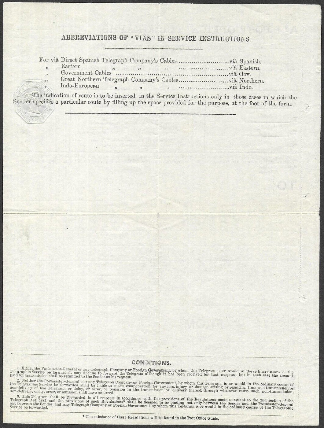 10d A1S/M Post Office Telegraph Form - back
