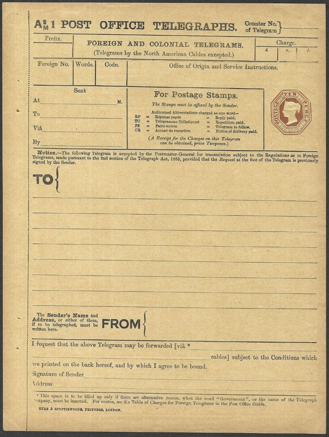 10d A1S/M Post Office Telegraph Form - front