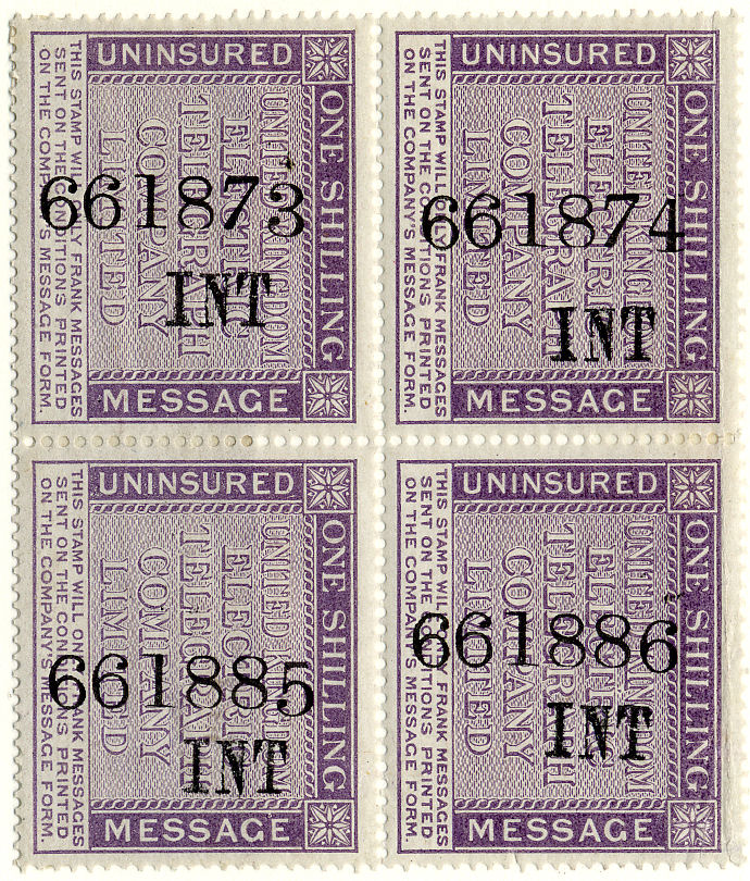 United Kingdom Electric Telegraph 1s INT original block