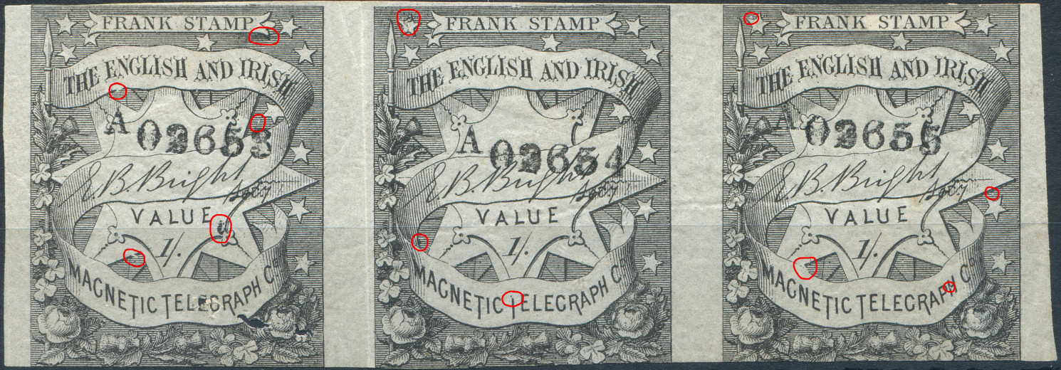 1/- multiple A02653-5 with flaws marked.