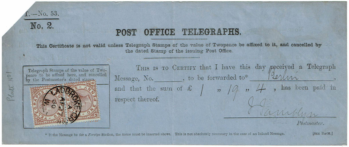 PO Telegraph receipt No.53 - front