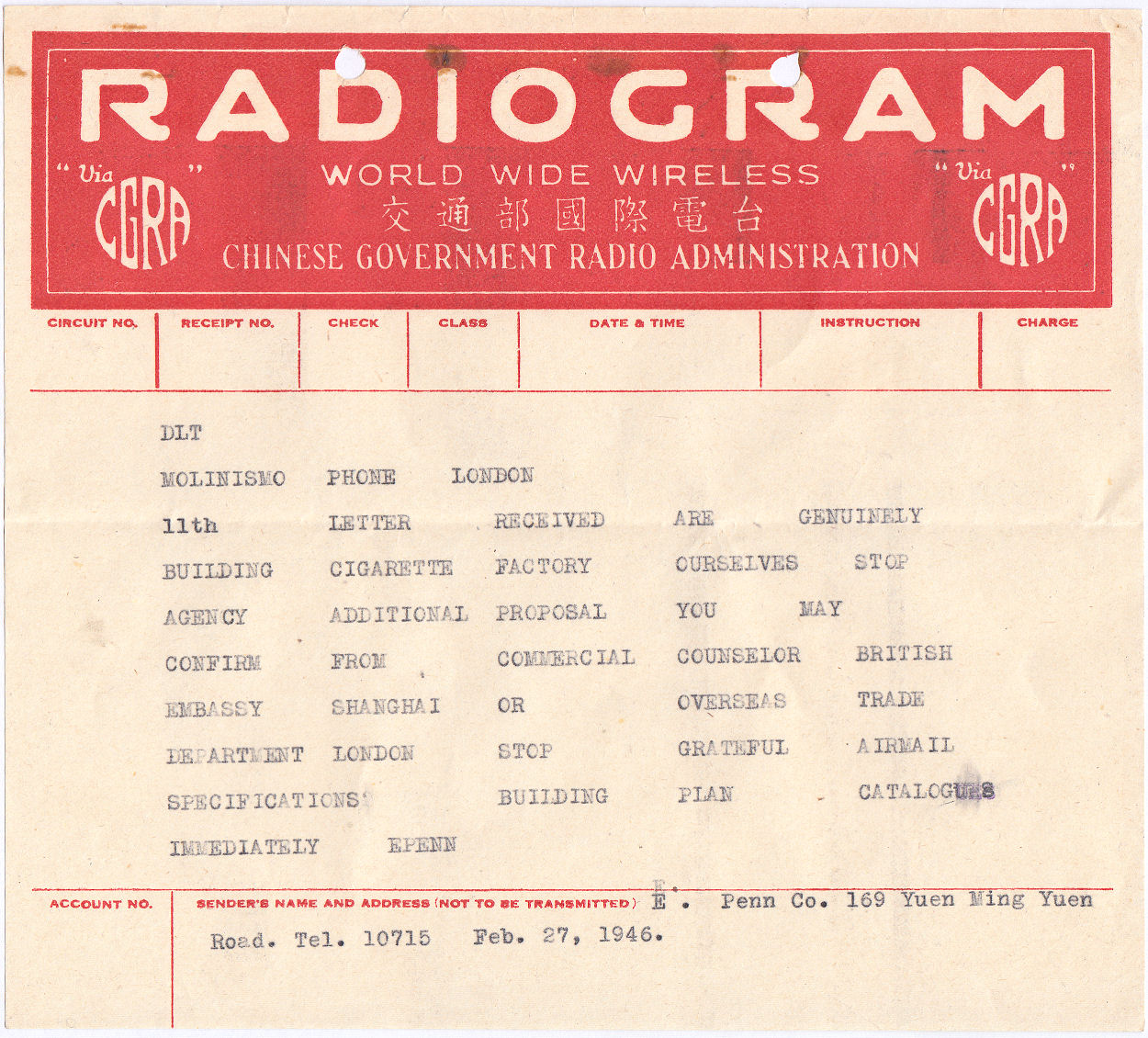 Radiogram 27-2-46