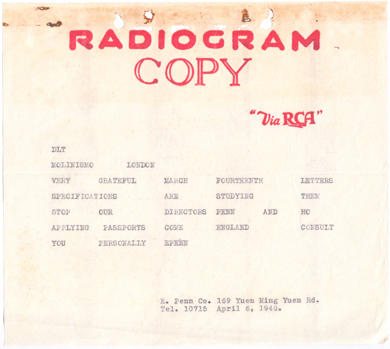 Radiogram copy Via RCA
