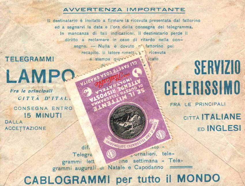 Italcable Telegram, 1930 - back