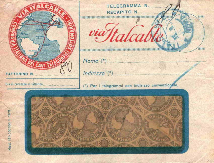 Italcable Telegram, 1930 - front