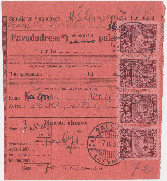 Parcel delivery Form of April 1938 - front