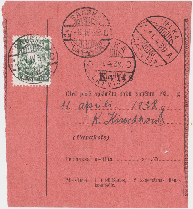 Parcel delivery Form of April 1938 - back