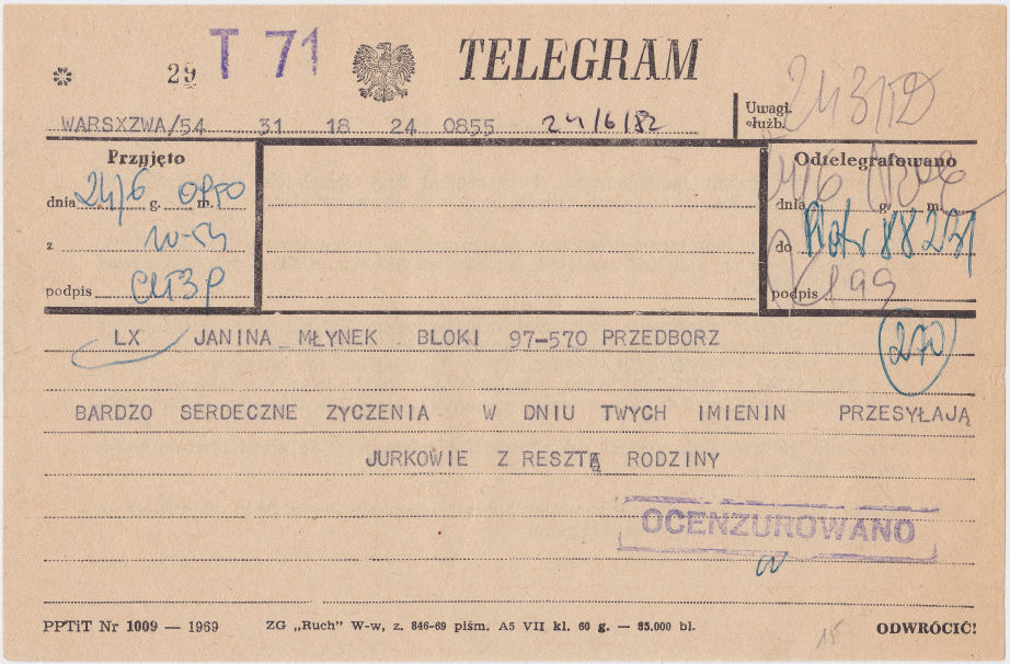 Poland telegram of 27 June 1982 - front