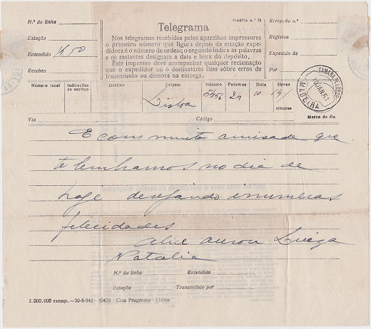 Telegram of 10 January 1951 - front