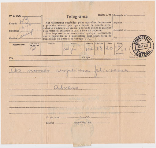 Telegram of 20 February 1939 - front