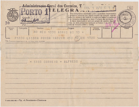 Telegram of 28 March 1952 - front