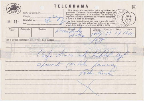 Telegram of 29 August 1974 - front