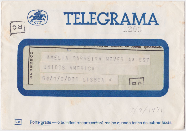 Telegram of 7 September 1971 - front