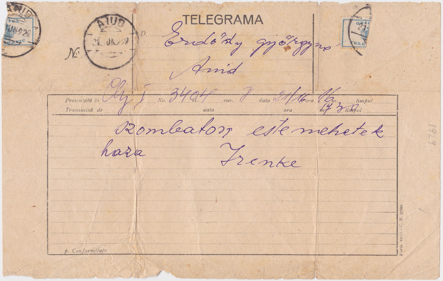 Telegram of 21 June 1929