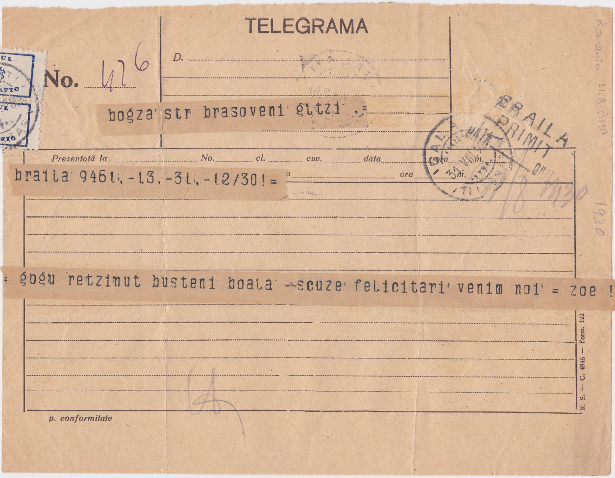 Telegram of 31 August 1930