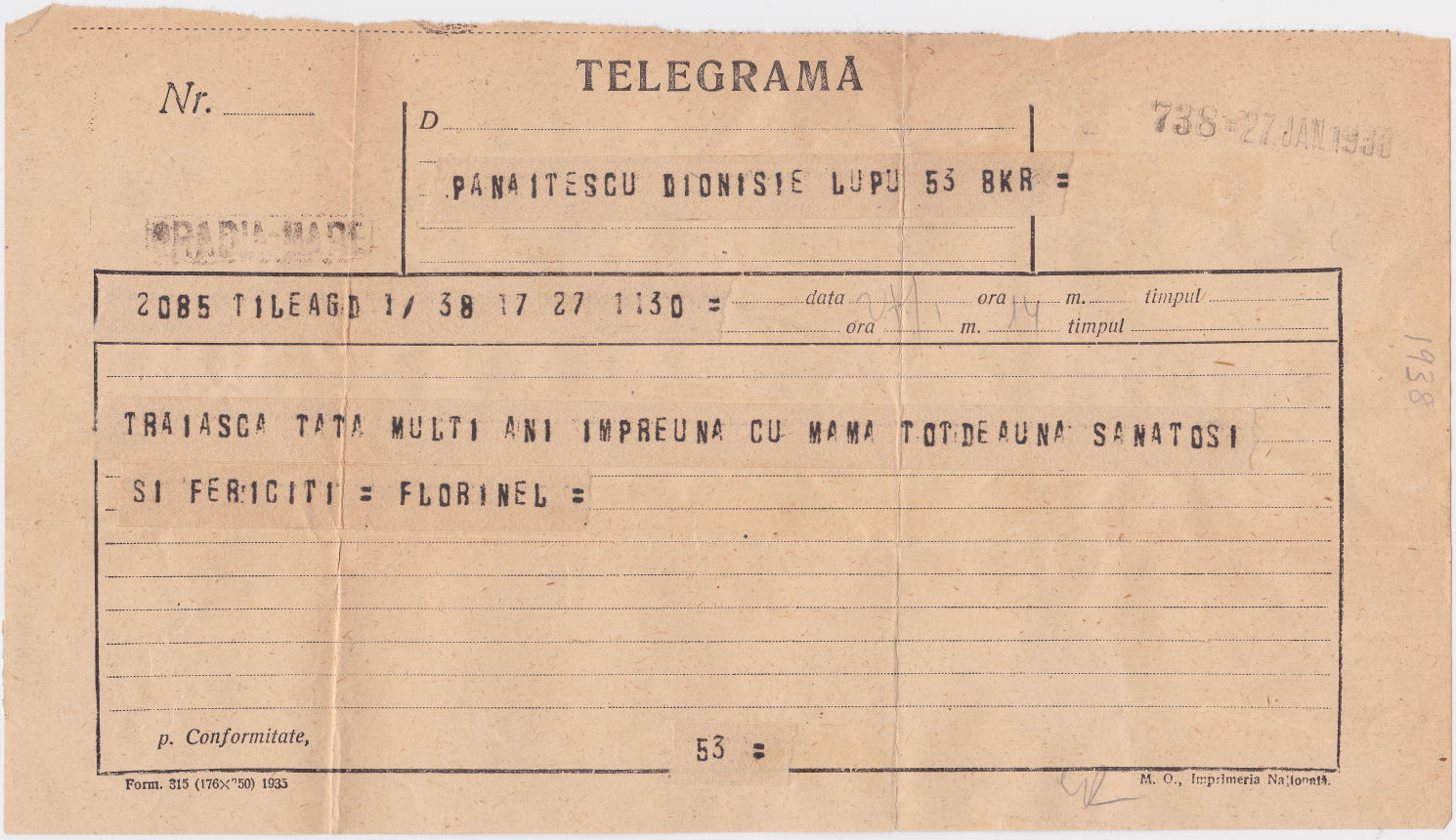 Telegram of 27 January 1938