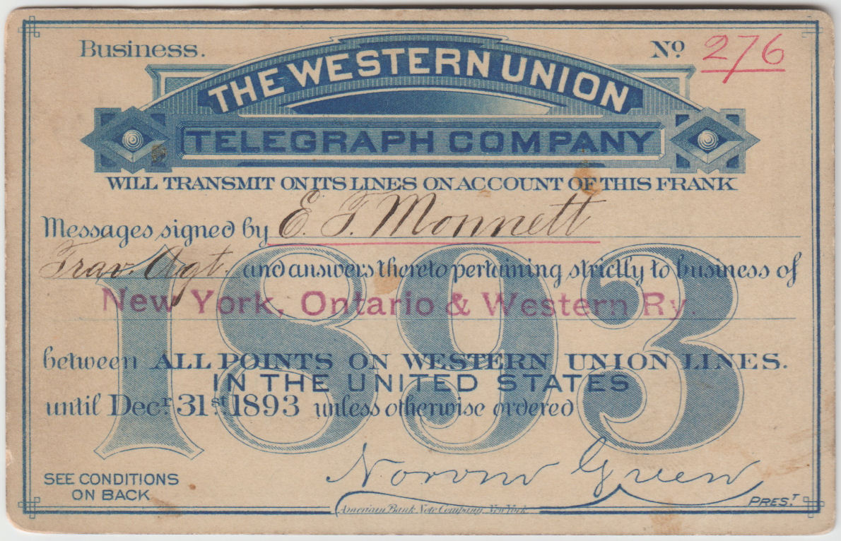 Western Union Business Frank 1893 - front