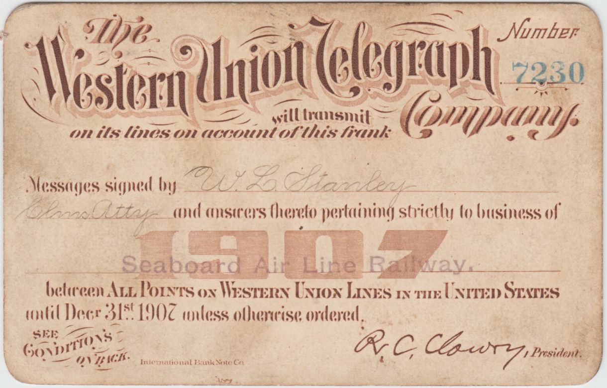 Western Union Business Frank 1907 Type I - front