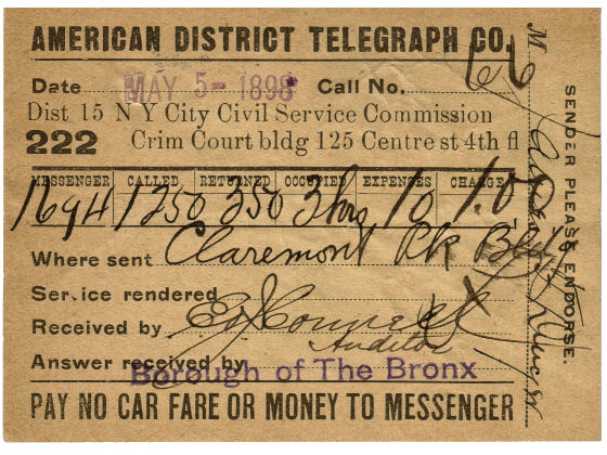 1898 Messenger Receipt - Criminal Court May 5