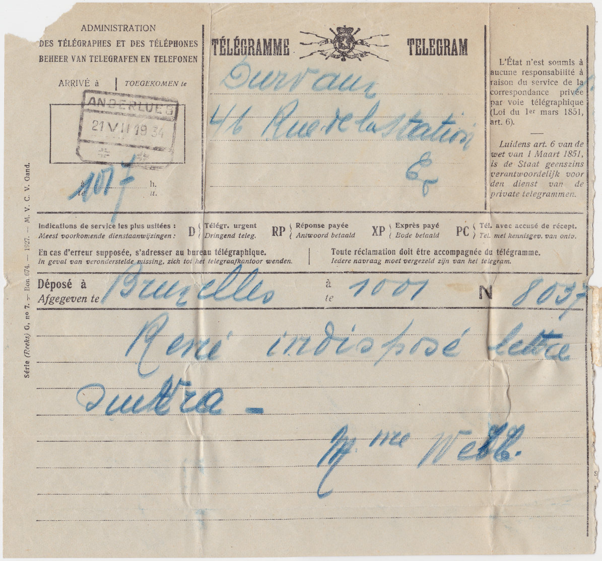 Telegram - 1927, used 1934