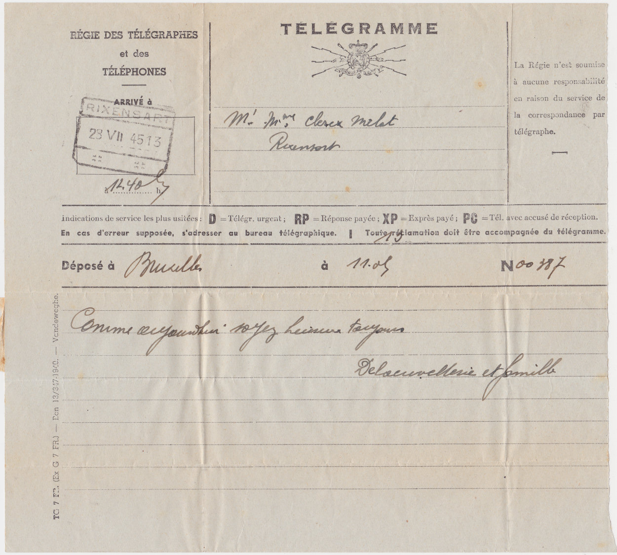 Telegram - 1940, used 1945