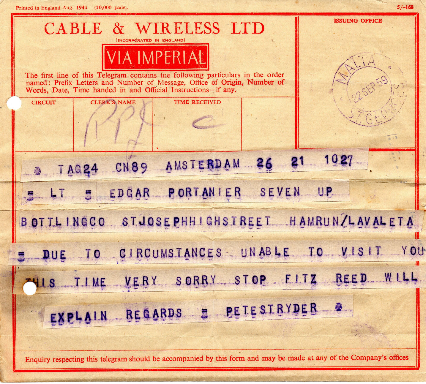 Telegram, St. Georges, Malta 22 September 1959