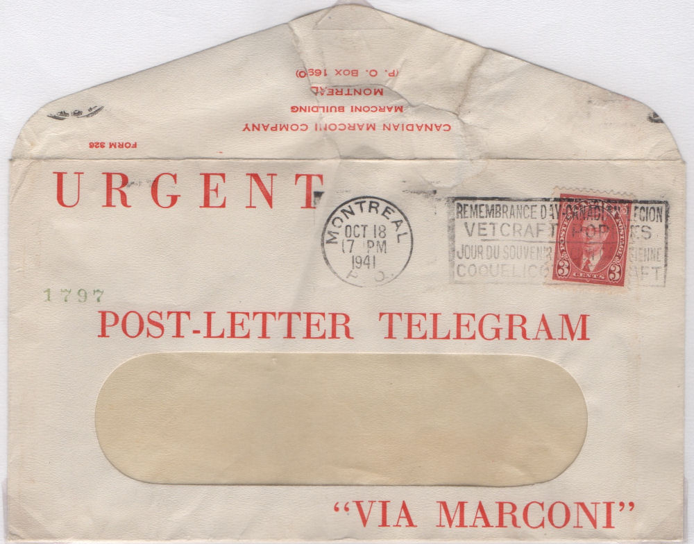Telegram envelope of 1941