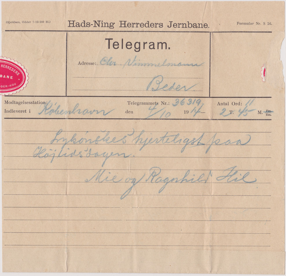 Hads-Ning Herreders Railway Telegram used 4/10/1914