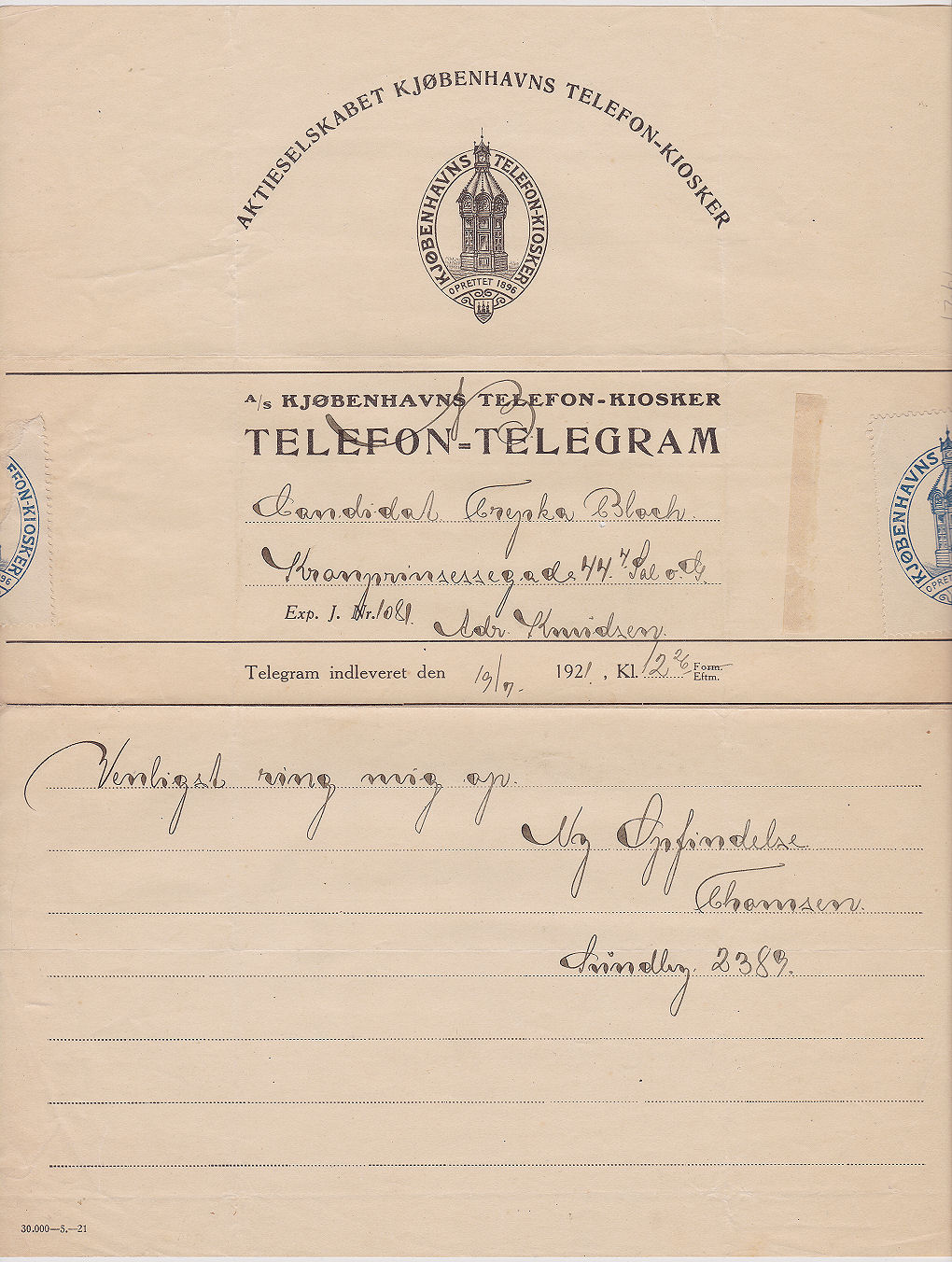 Kjøbenhavns Telefon-Kiosker used 19/7/1921
