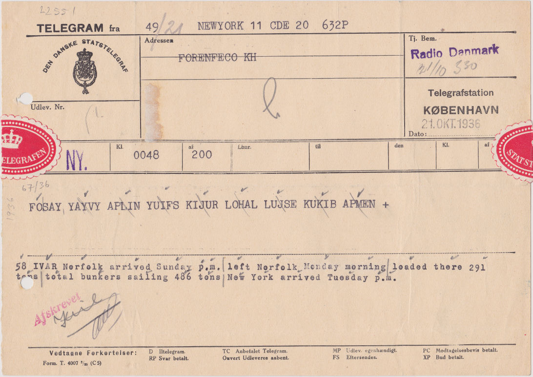 State Telegram used 21/10/1936