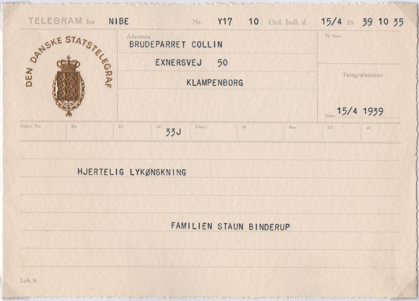 State Telegram used 22/12/1948