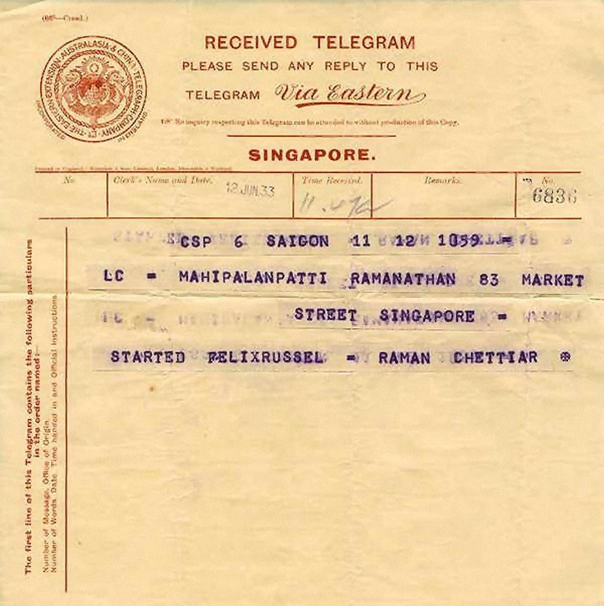 Telegram, 1933 ?
