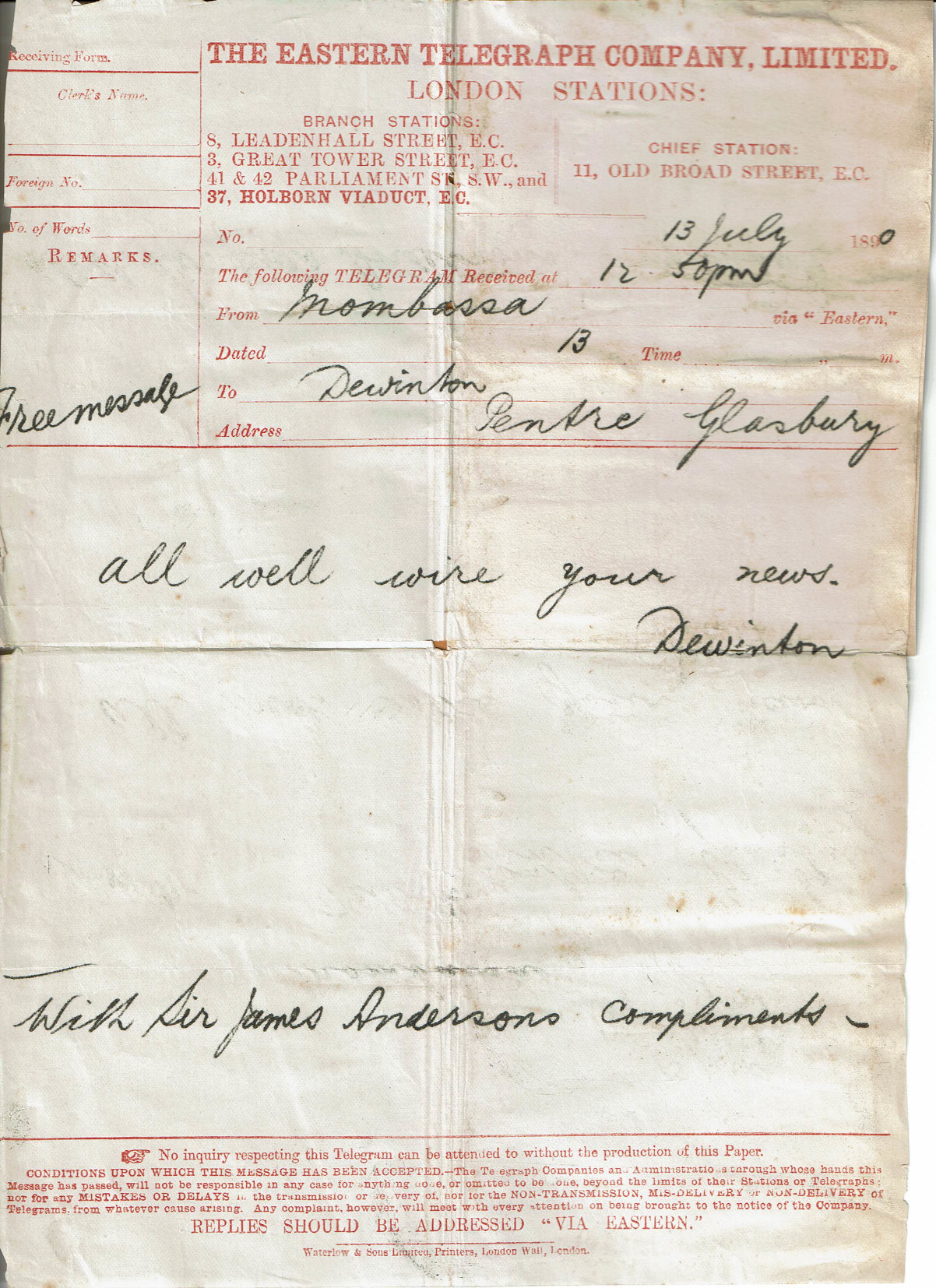 Receiving form 13 July 1900