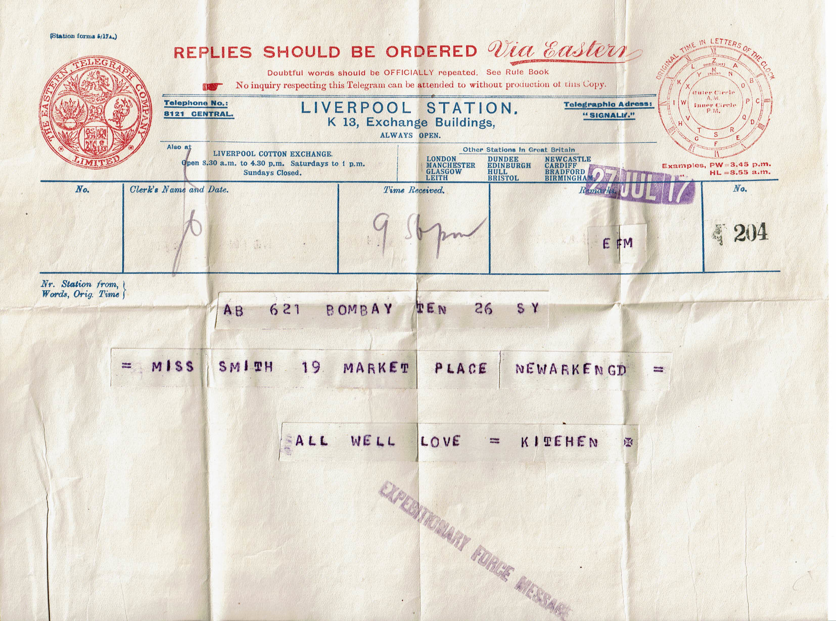 Liverpool Receiving form 27 July 1917