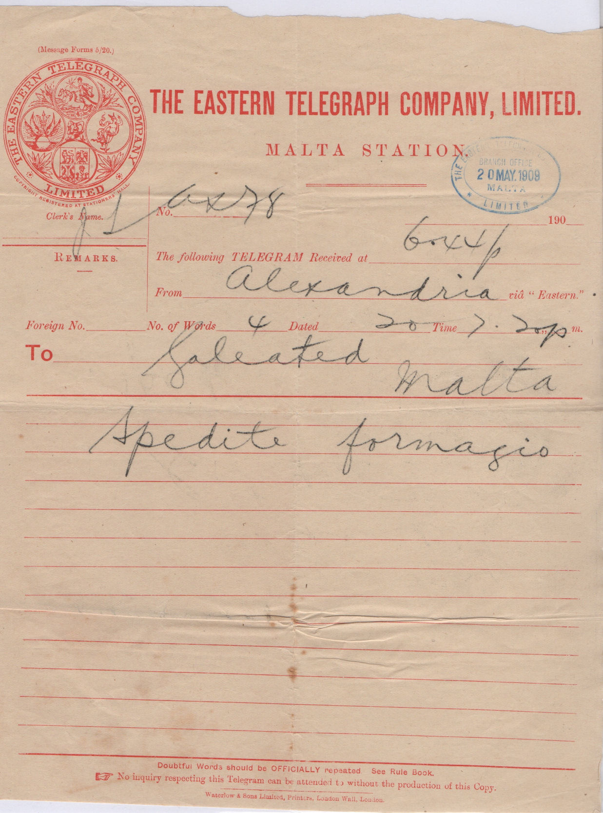 Eastern Telegram of 1909 used at Malta