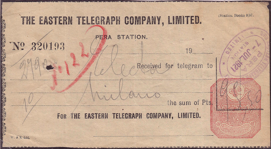 Eastern Telegraph Co., Pera reseipt 