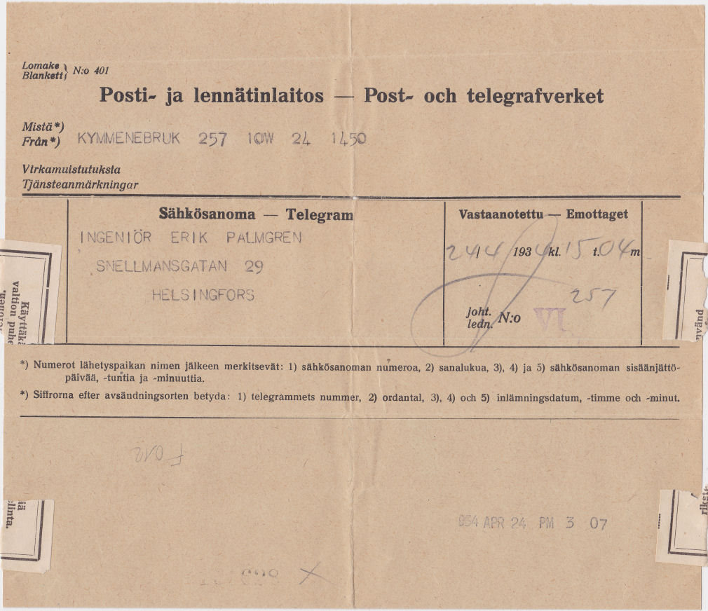 Telegram used 24 April 1934 ?