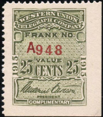 Western Union 1915 25c A948 with imprint