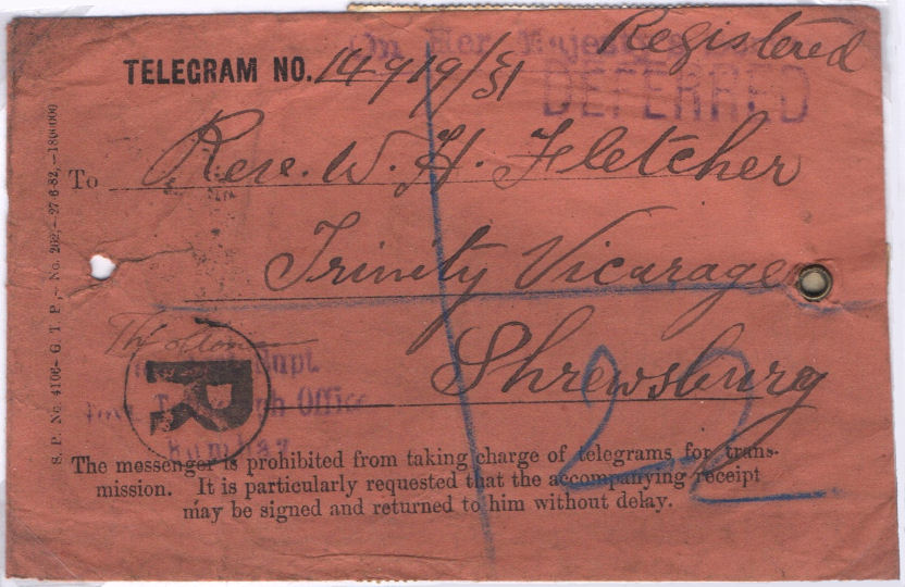 India - OHMS Telegram 1884 front