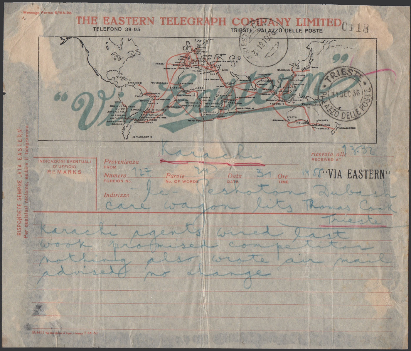 Eastern, 1936 Trieste Telegram