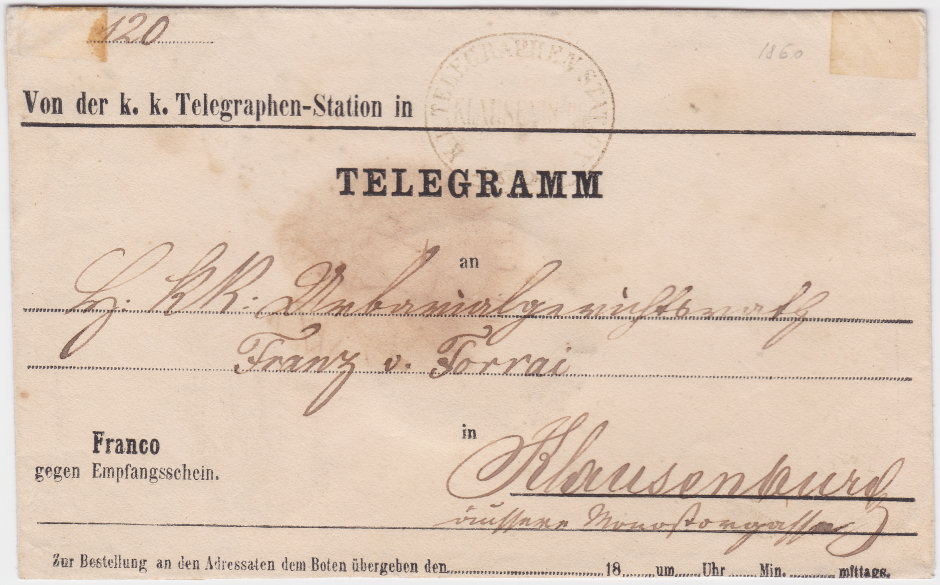 Klausenburg Telegram Envelope - front