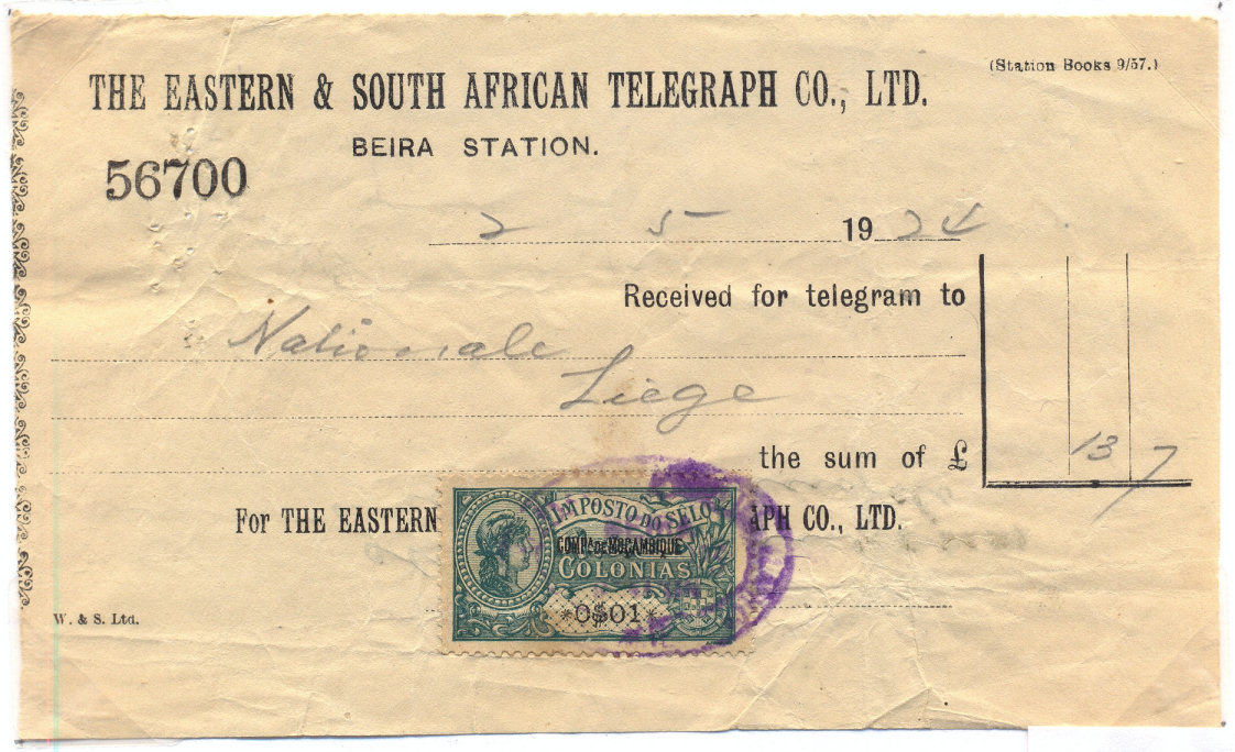 Beira, Mozambique receipt of 1924