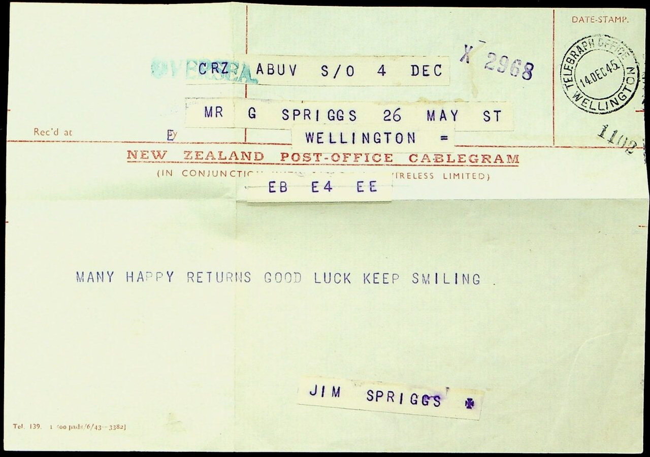 NZ Cablegram 1945 - front